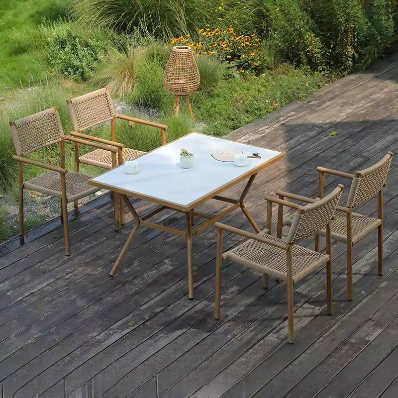 Bohemian Wicker Dining Set – Natural Rattan & Metal Outdoor Furniture