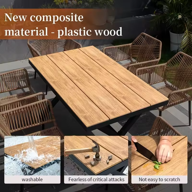 Elegant Outdoor Dining Set – Solid Wood Table with 6 Rattan Chairs